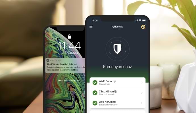 İki mobil cihazda görüntülenen Mobile Security uygulaması